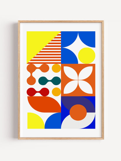 Geometric abstract wall art with bold blue curves, orange circles, yellow, close-up showing print texture and color detail