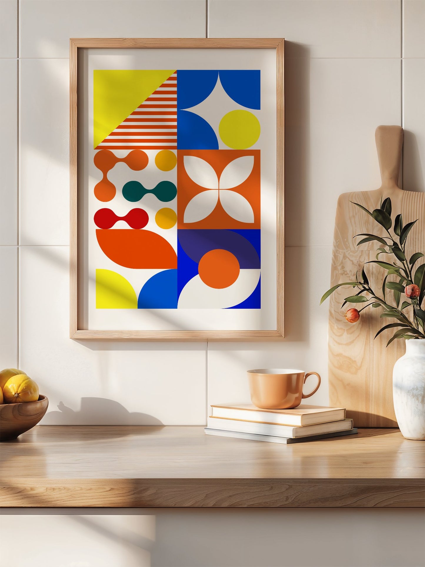 Geometric abstract wall art with bold blue curves, orange circles, yellow, hanging in contemporary bedroom interior