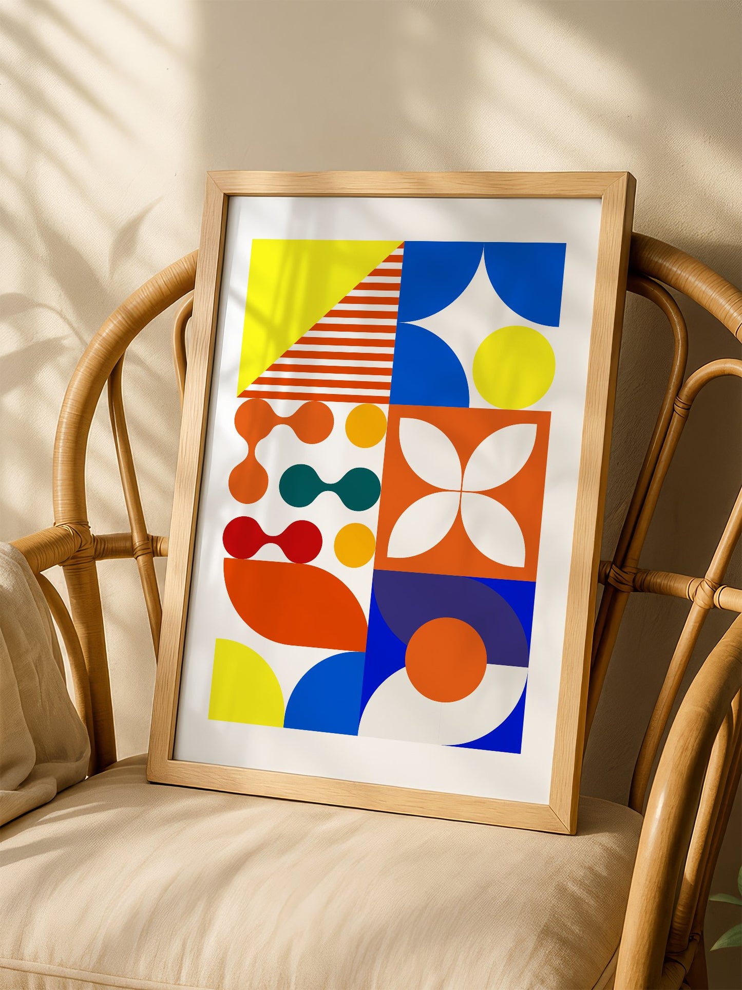 Geometric abstract wall art with bold blue curves, orange circles, yellow, shown in minimalist home office space