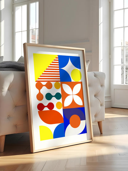 Geometric abstract wall art with bold blue curves, orange circles, yellow, featured in stylish apartment decor