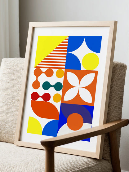 Geometric abstract wall art with bold blue curves, orange circles, yellow, displayed in modern living room setting
