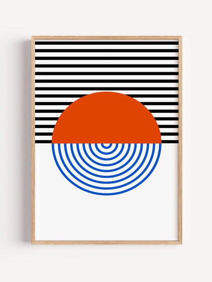 Geometric abstract wall art featuring split circle with orange top and blue, close-up showing print texture and color detail