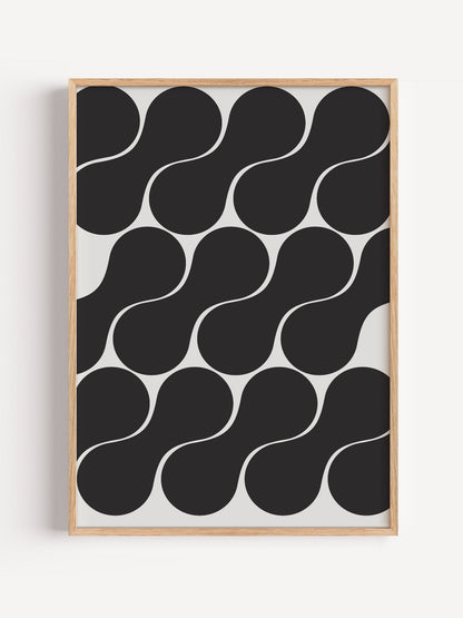 Geometric wall art print featuring interlocking black circles in grid pattern, close-up showing print texture and color de...