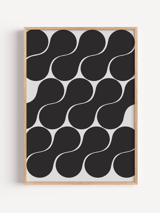 Geometric wall art print featuring interlocking black circles in grid pattern, close-up showing print texture and color de...