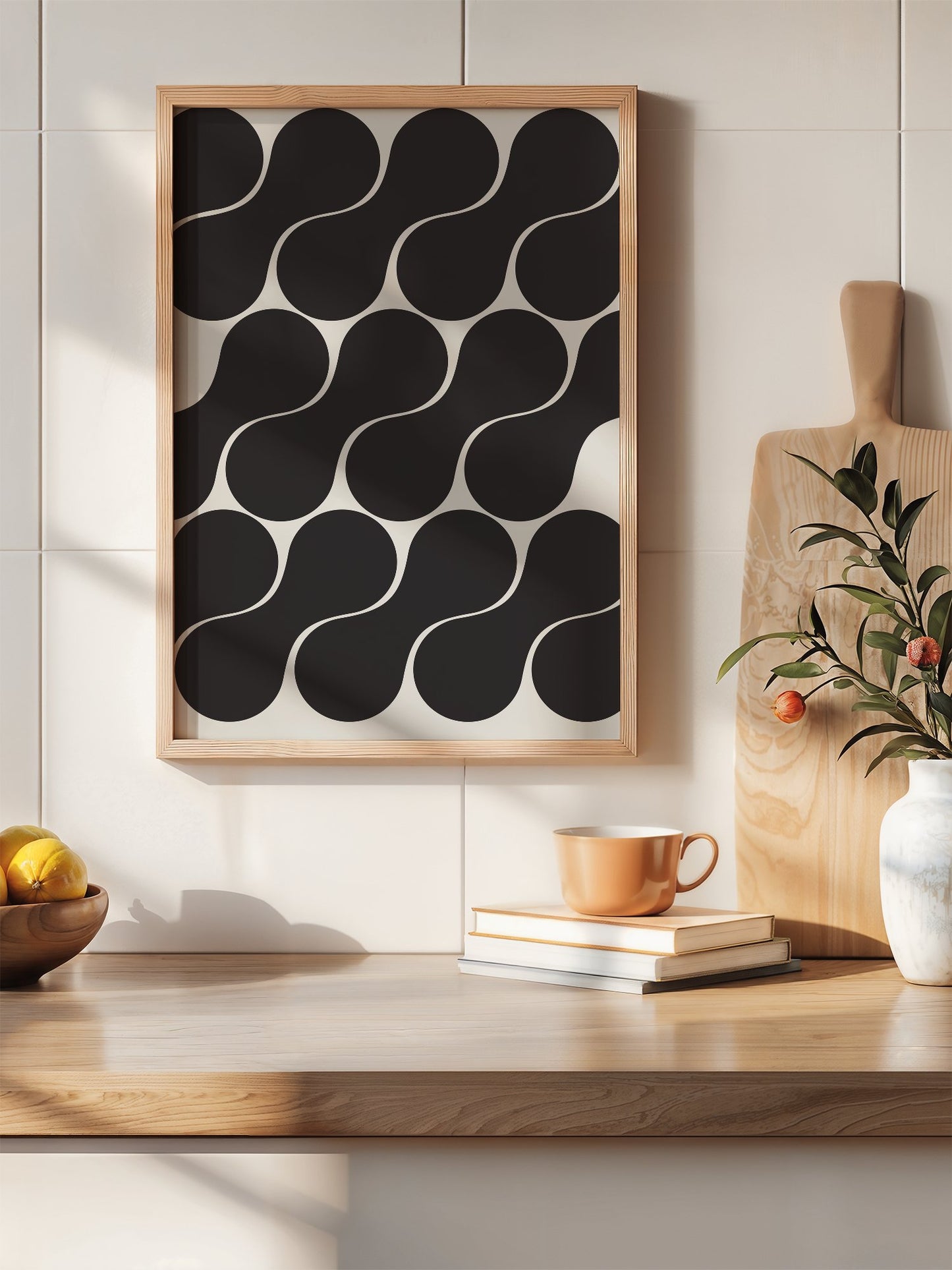 Geometric wall art print featuring interlocking black circles in grid pattern, hanging in contemporary bedroom interior