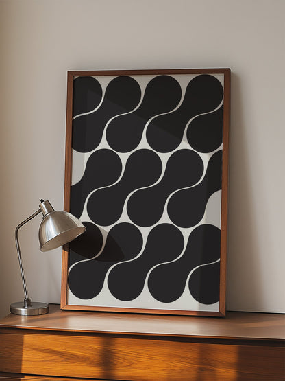 Geometric wall art print featuring interlocking black circles in grid pattern, displayed in modern living room setting