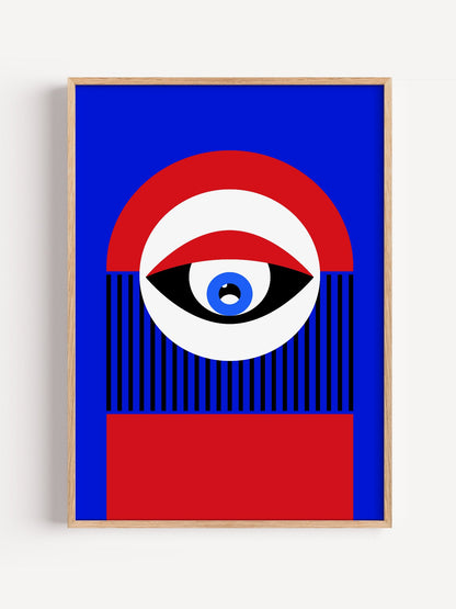 Abstract geometric portrait art with bold central eye motif in cobalt blue, close-up showing print texture and color detail