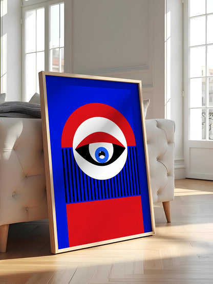 Abstract geometric portrait art with bold central eye motif in cobalt blue, featured in stylish apartment decor