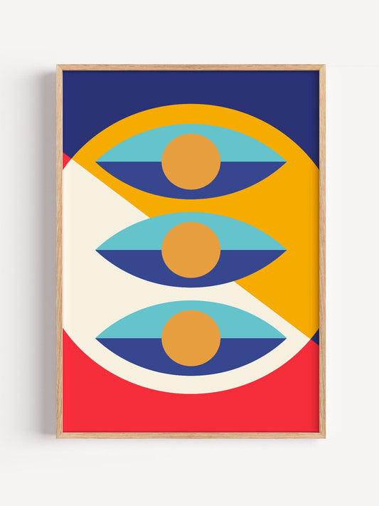 Geometric abstract wall art with three stylized eyes in turquoise, orange and, close-up showing print texture and color de...