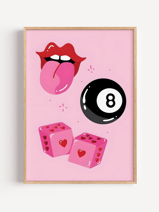 Pop art print featuring red lips, black magic 8-ball, and pink dice with hearts, close-up showing print texture and color ...