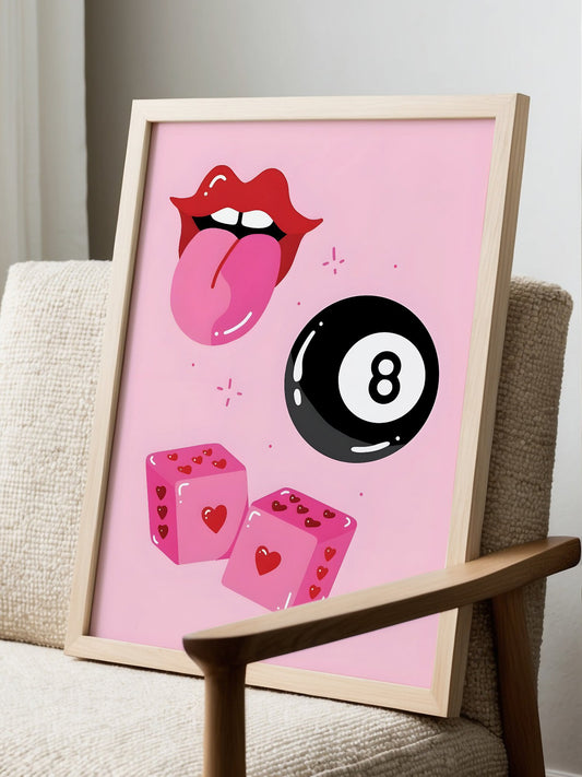 Pop art print featuring red lips, black magic 8-ball, and pink dice with hearts, displayed in modern living room setting