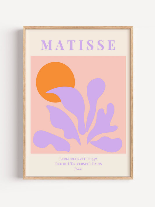 Matisse Jazz 1947 exhibition poster with orange sun and purple organic cut-out, close-up showing print texture and color d...