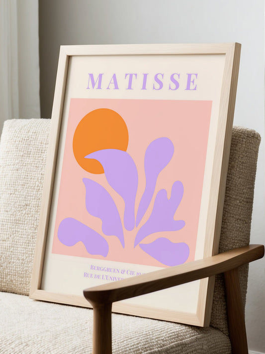 Matisse Jazz 1947 exhibition poster with orange sun and purple organic cut-out, displayed in modern living room setting