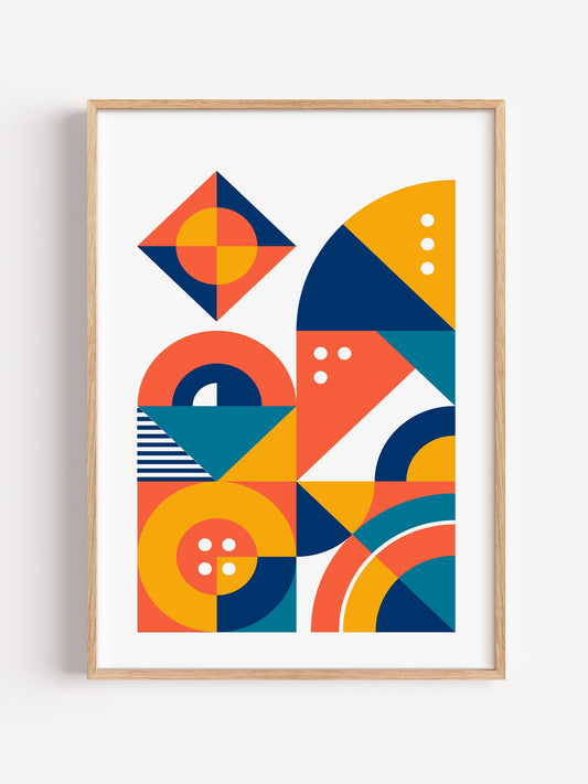 Geometric abstract wall art with interlocking shapes in coral red, navy blue, close-up showing print texture and color detail