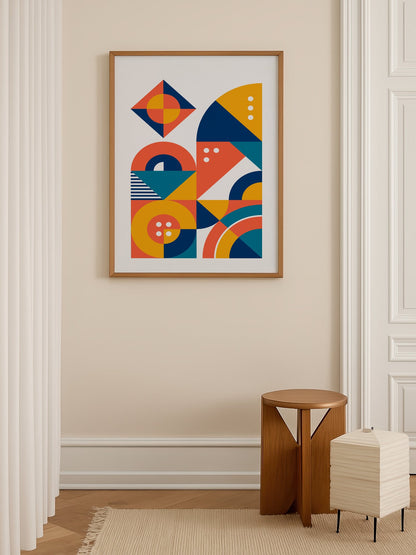 Geometric abstract wall art with interlocking shapes in coral red, navy blue, shown in minimalist home office space