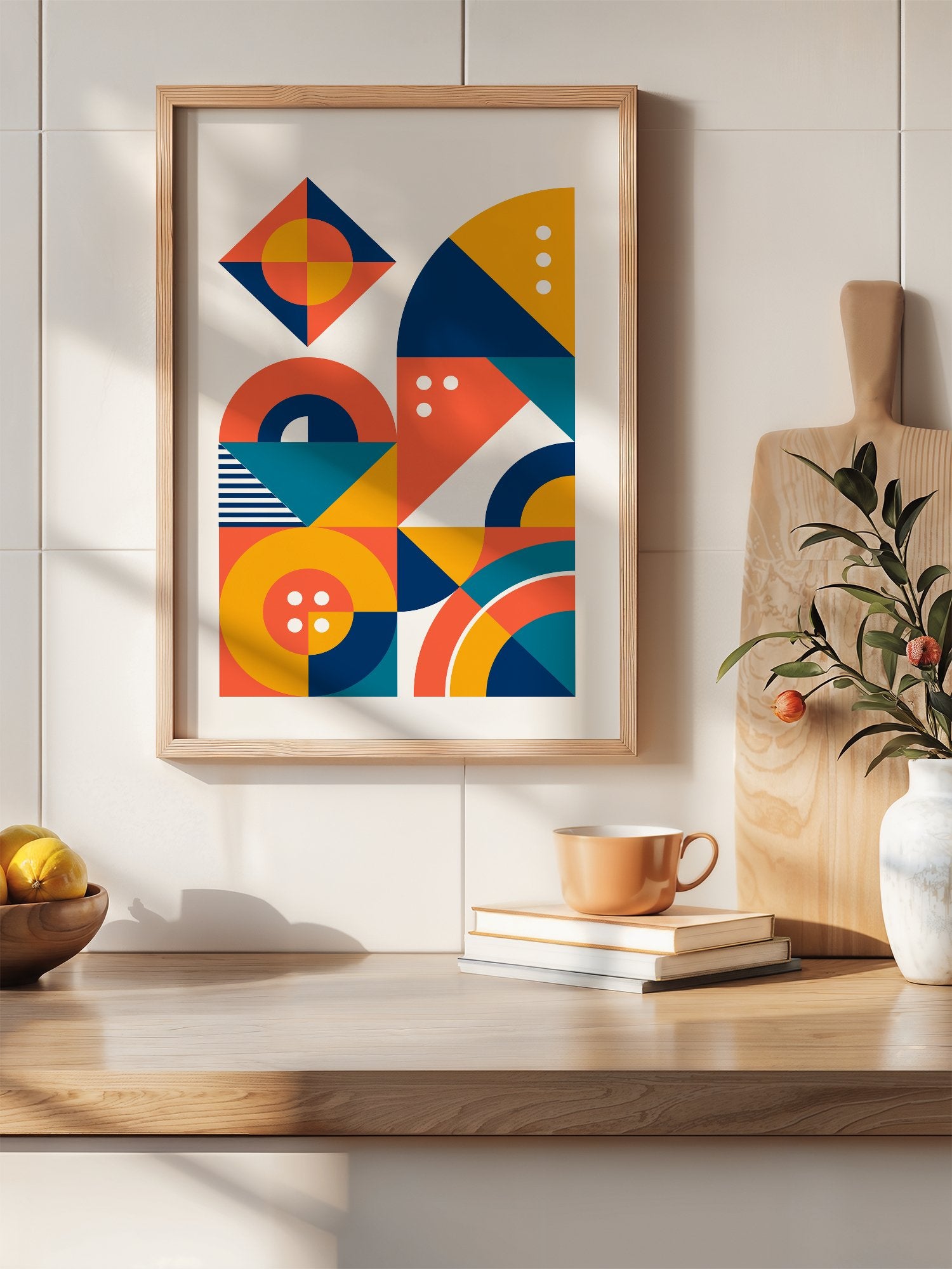 Geometric abstract wall art with interlocking shapes in coral red, navy blue, hanging in contemporary bedroom interior