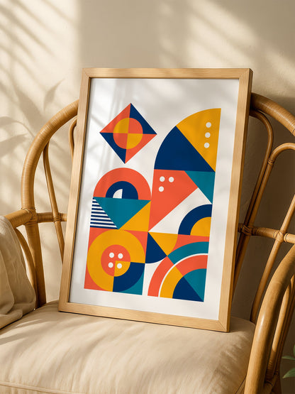 Geometric abstract wall art with interlocking shapes in coral red, navy blue, shown in minimalist home office space