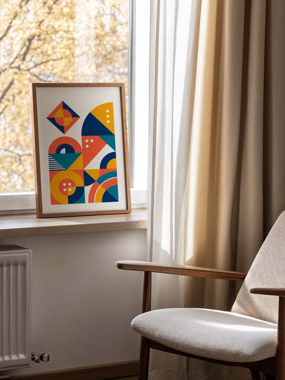 Geometric abstract wall art with interlocking shapes in coral red, navy blue, mounted in bright gallery wall arrangement