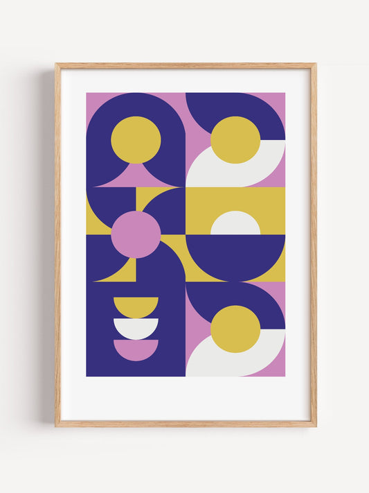Geometric abstract wall art with navy blue curved shapes, golden yellow, close-up showing print texture and color detail