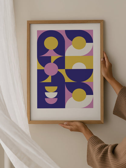 Geometric abstract wall art with navy blue curved shapes, golden yellow, hanging in contemporary bedroom interior