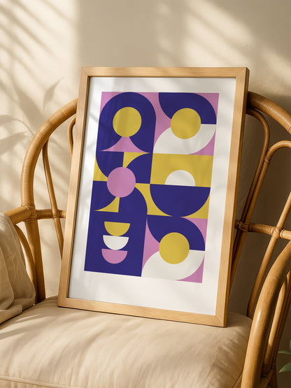 Geometric abstract wall art with navy blue curved shapes, golden yellow, shown in minimalist home office space