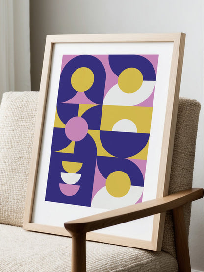 Geometric abstract wall art with navy blue curved shapes, golden yellow, displayed in modern living room setting