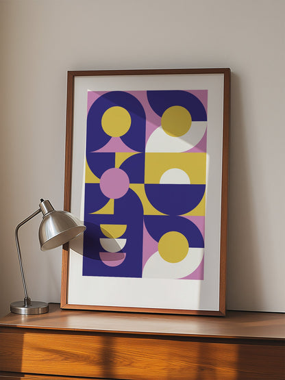 Geometric abstract wall art with navy blue curved shapes, golden yellow, displayed in modern living room setting