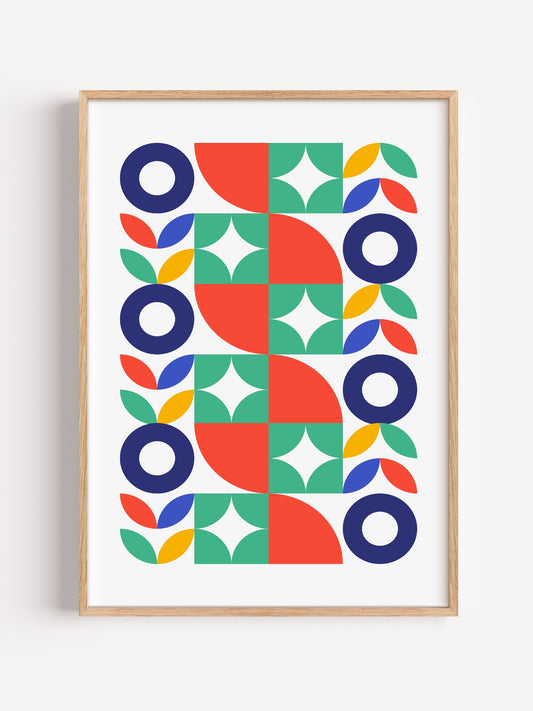 Mid-century geometric pattern with navy blue circles, coral red and mint green, close-up showing print texture and color d...