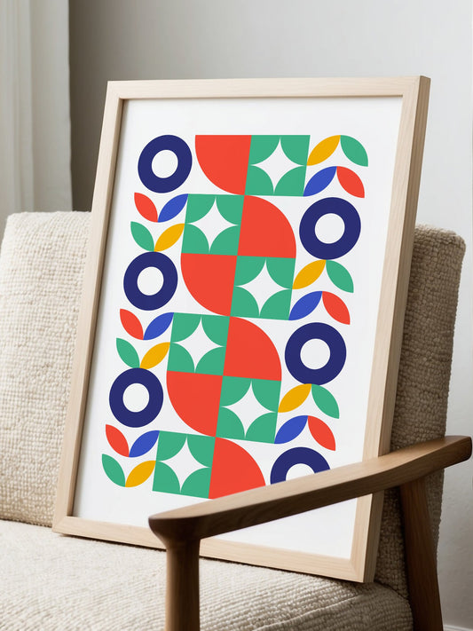 Mid-century geometric pattern with navy blue circles, coral red and mint green, displayed in modern living room setting