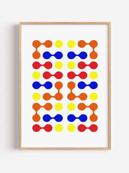 Mid-century modern geometric print with colourful molecular shapes in orange, close-up showing print texture and color detail