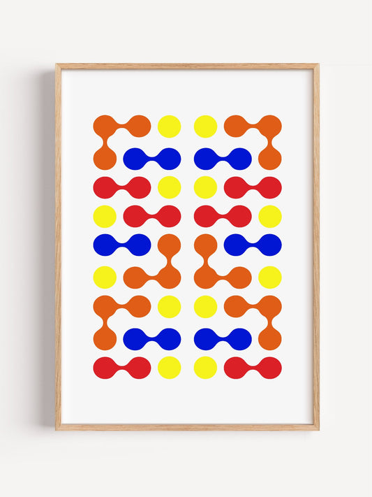 Mid-century modern geometric print with colourful molecular shapes in orange, close-up showing print texture and color detail