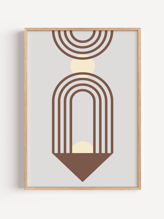 Minimalist geometric wall art print with concentric brown semicircular arches, close-up showing print texture and color de...