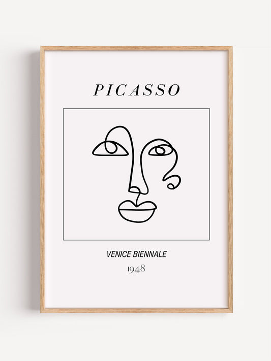 Minimalist line art face poster featuring abstracted human portrait in black, close-up showing print texture and color detail