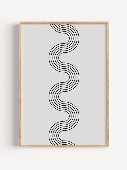 Minimalist abstract wall art with flowing black wave lines creating S-curve, close-up showing print texture and color detail