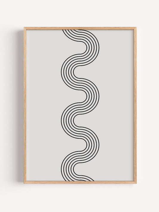 Minimalist abstract wall art with flowing black wave lines creating S-curve, close-up showing print texture and color detail