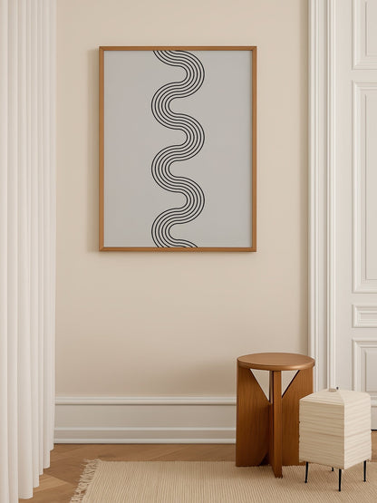 Minimalist abstract wall art with flowing black wave lines creating S-curve, shown in minimalist home office space