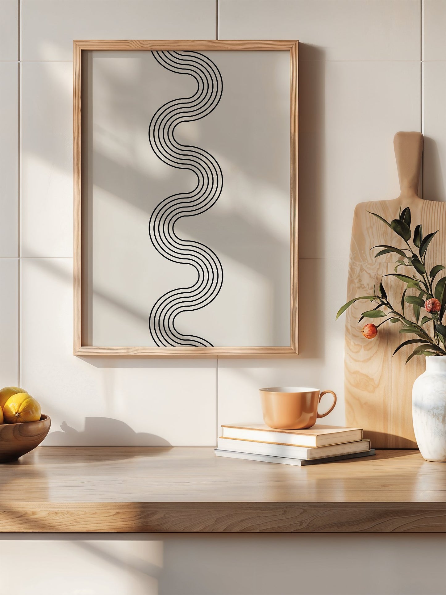 Minimalist abstract wall art with flowing black wave lines creating S-curve, hanging in contemporary bedroom interior