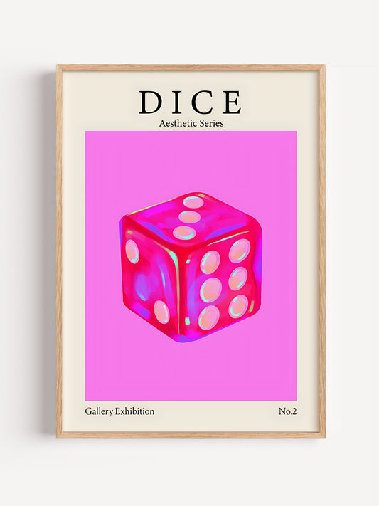 Glossy 3D dice artwork with neon pink and magenta gradient background, close-up showing print texture and color detail