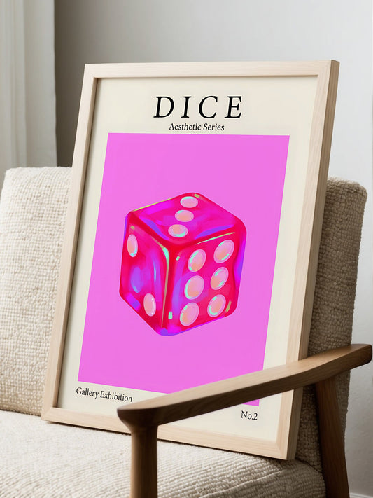 Glossy 3D dice artwork with neon pink and magenta gradient background, displayed in modern living room setting