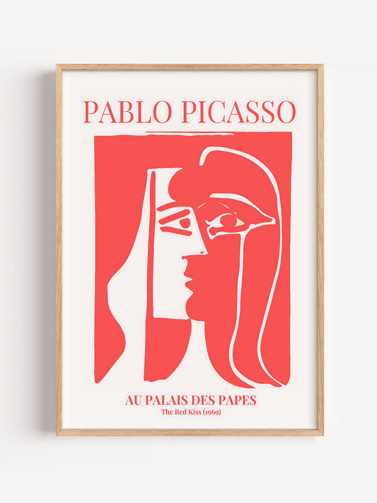 Pablo Picasso Red Kiss cubist portrait print featuring stylized female profile, close-up showing print texture and color d...