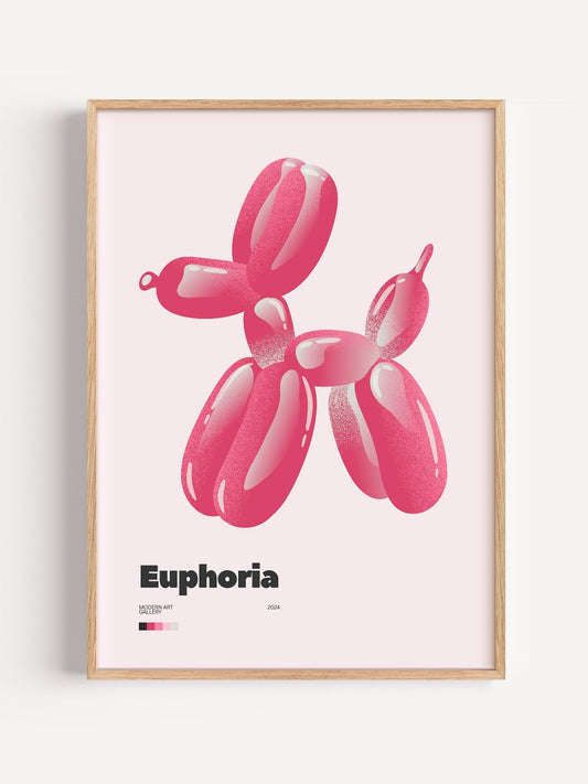 Contemporary pink balloon dog art print with glossy reflective surfaces, pop, close-up showing print texture and color detail