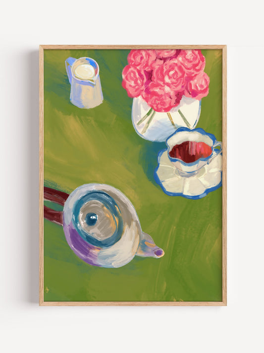 Still life painting of pink roses in glass vase with blue and white tea service, close-up showing print texture and color ...