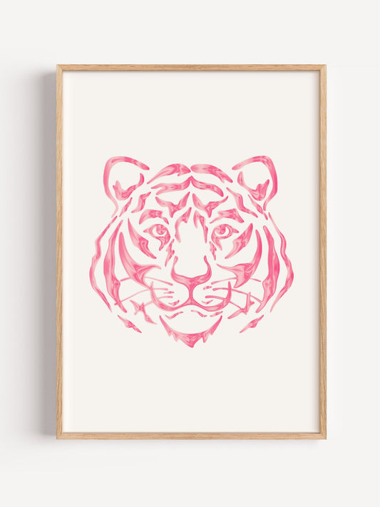Pink watercolor tiger head portrait with magenta tones and flowing brushstrokes, close-up showing print texture and color ...