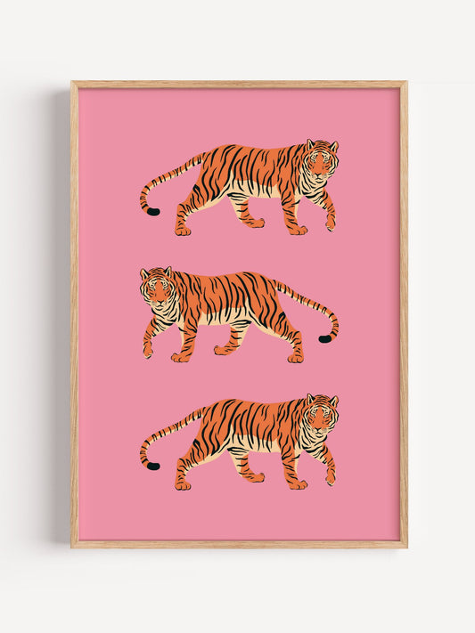 Three stylized tigers walking on pink background, pop art illustration with, close-up showing print texture and color detail