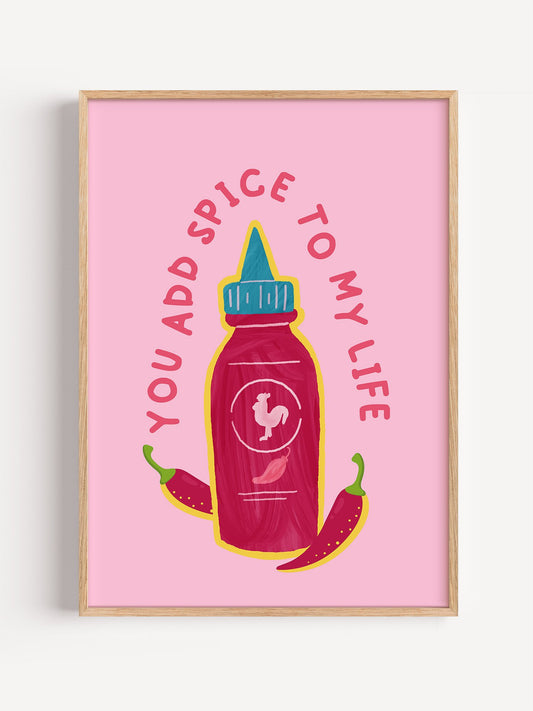 Playful pink spice bottle wall art print featuring rooster logo and chili, close-up showing print texture and color detail