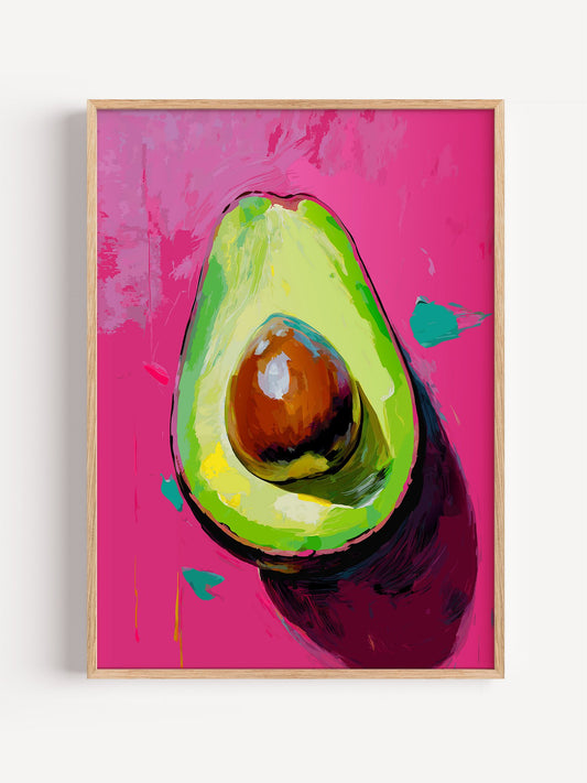 Pop art avocado wall print featuring vibrant pink background, bold, close-up showing print texture and color detail