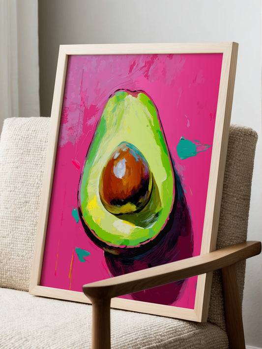 Pop art avocado wall print featuring vibrant pink background, bold, displayed in modern living room setting