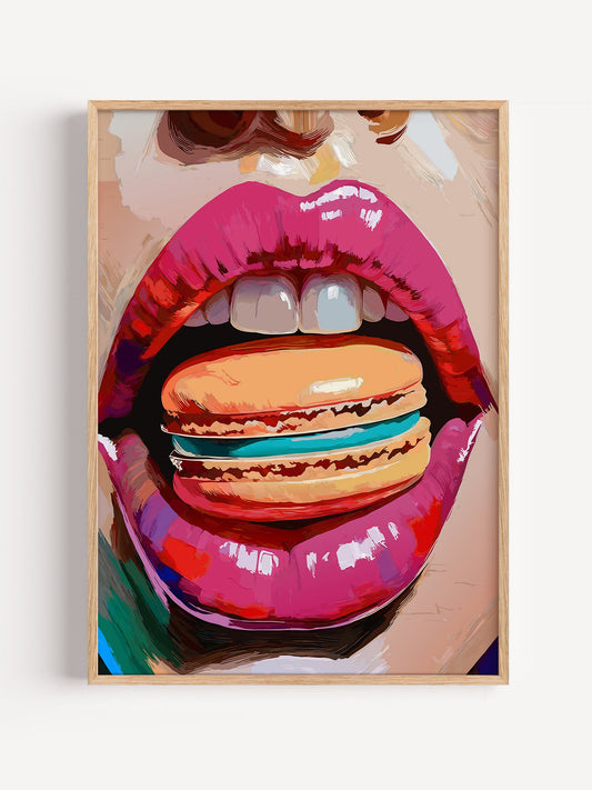 Pop art poster featuring bold pink lips biting into a colorful macaron with, close-up showing print texture and color detail