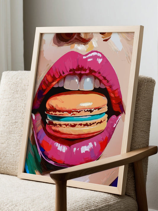 Pop art poster featuring bold pink lips biting into a colorful macaron with, displayed in modern living room setting