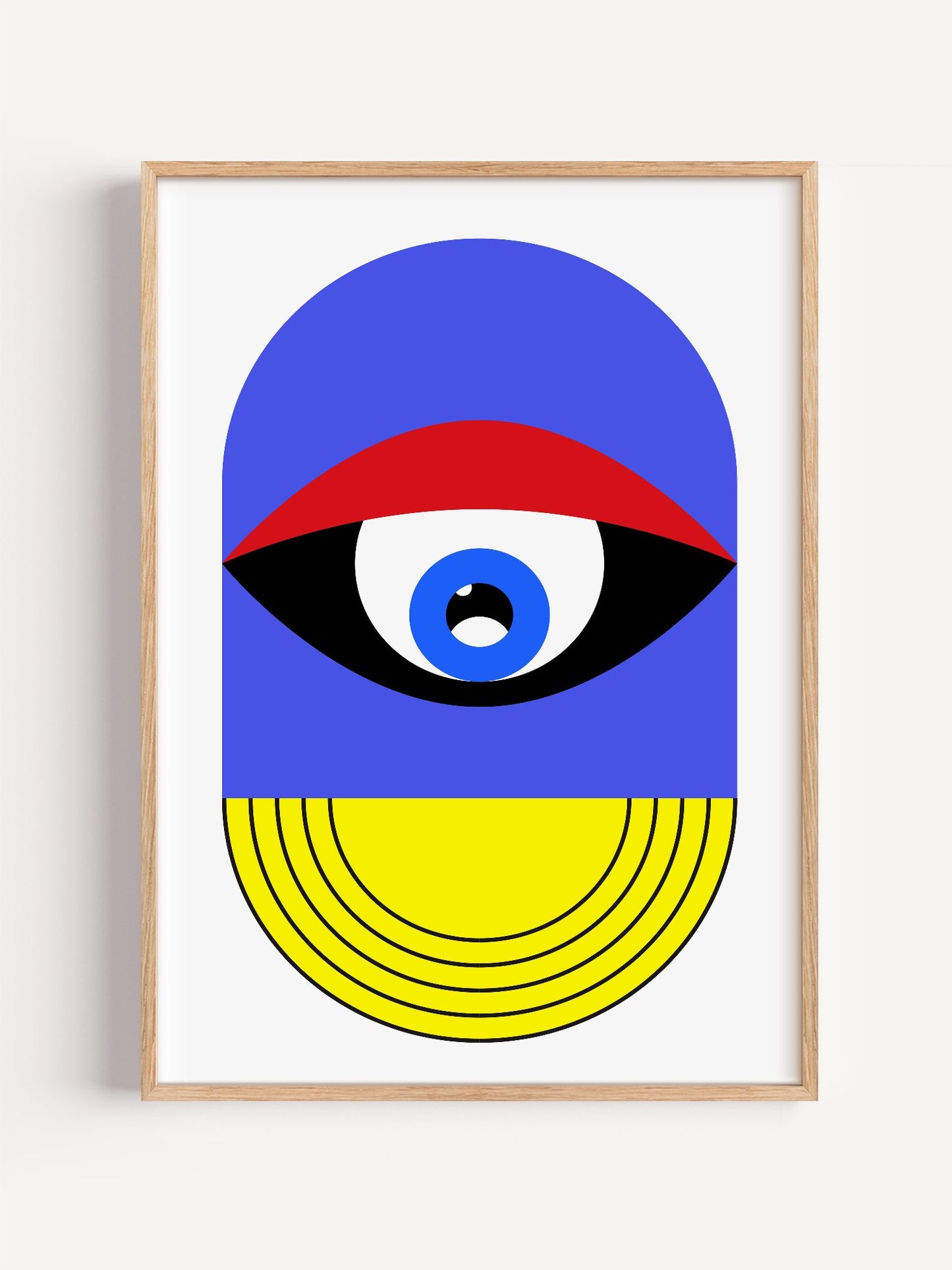 Pop art portrait print featuring geometric eye with concentric circles in blue, close-up showing print texture and color d...